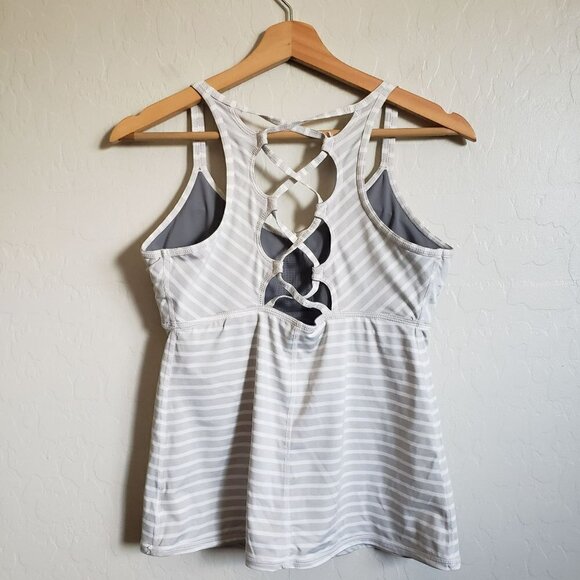 PrAna Striped Filament Tank Top Yoga Criss Cross Back Grey/White Sz Womens Small - Picture 9 of 12